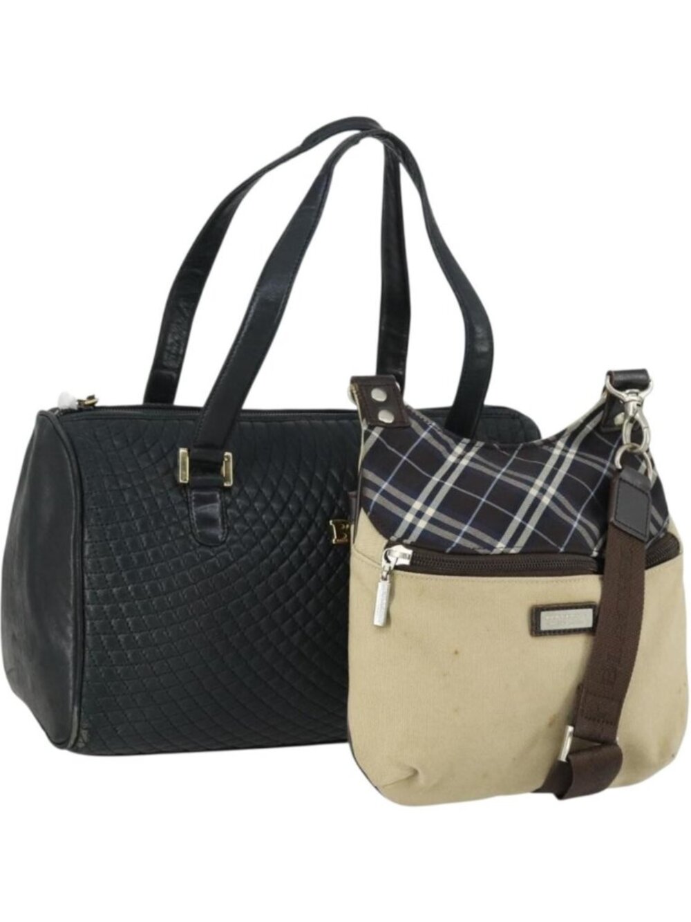 BURBERRY BALLY Tote Bag Leather Canvas 2 Set Beige Navy